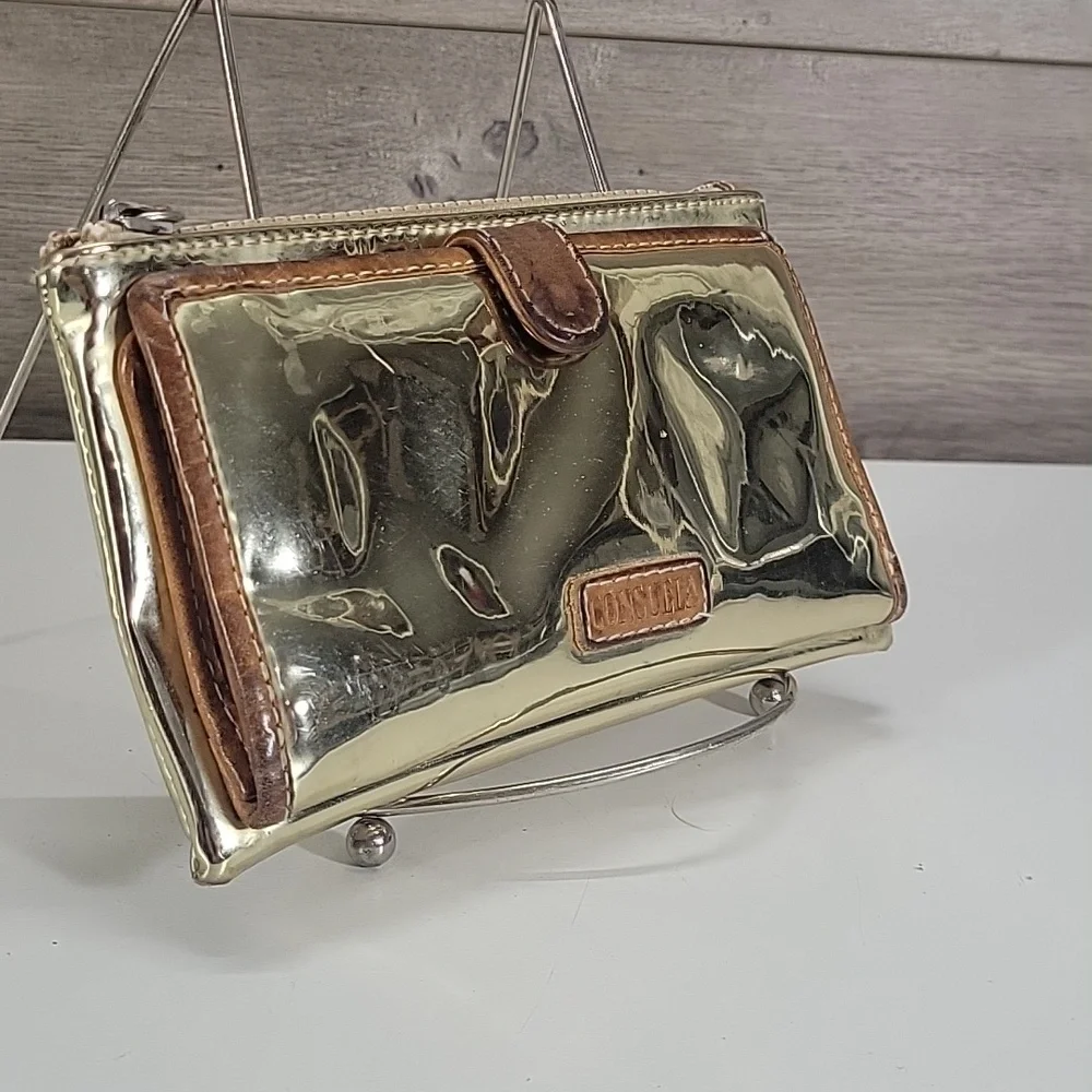 Consuela Metallic Gold PVC Clutch Wallet with Brown Leather Trim